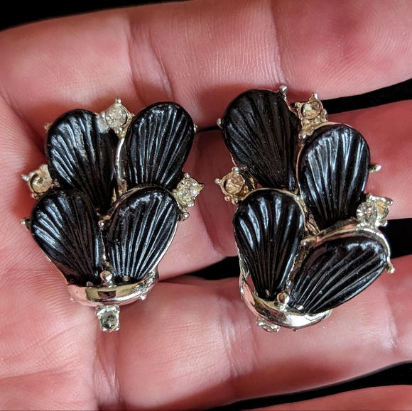 Vintage Clip-On Earrings, Black with Clear Stones/Silver Tone - Picture 3 of 5